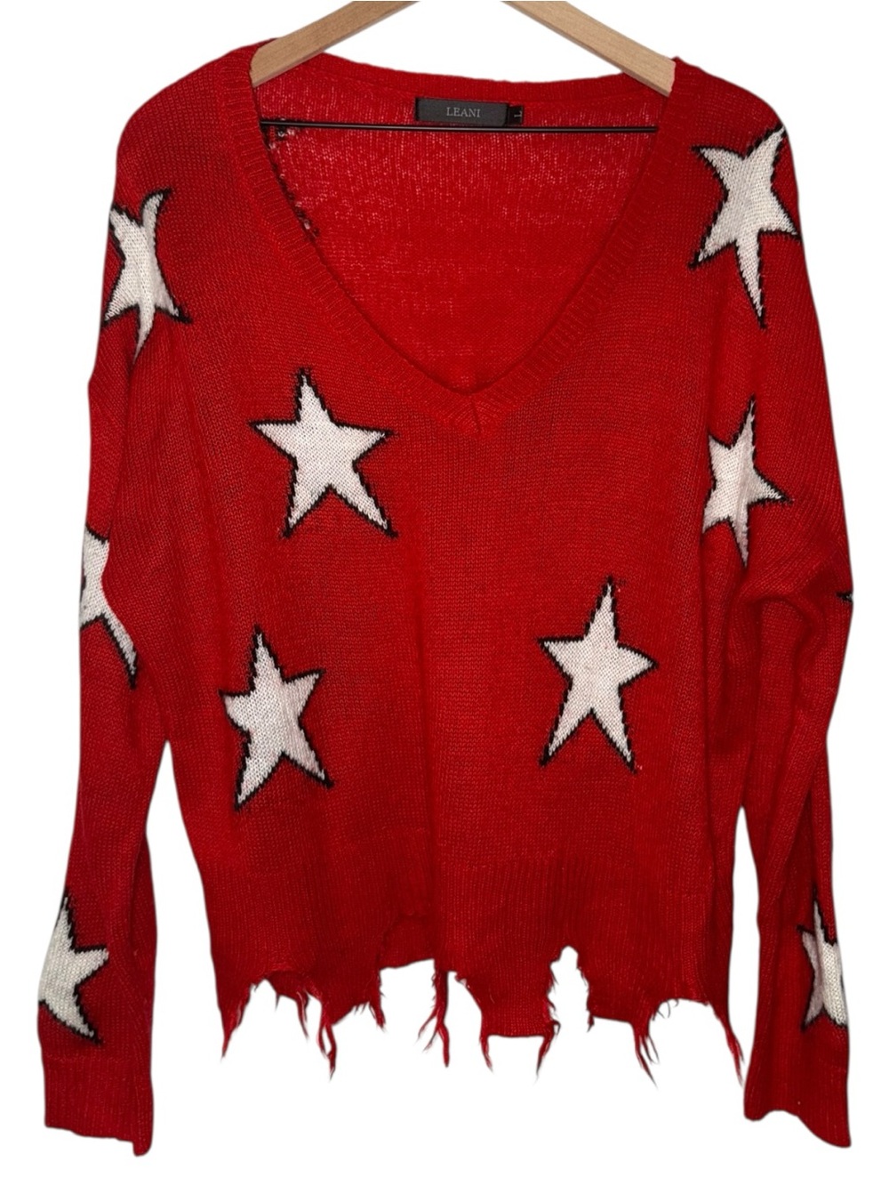 Knit Pull Over Sweater Goth Punk Rocker Y2K Raw Hem Star Print Distressed Rave